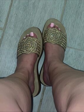 Gold Beaded Slide Sandals - Women's Fashion Slides